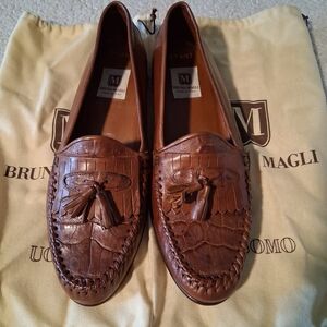 New Bruno Magli Men's Brown Leather Brant Genuine Crocodile Loafers Italy